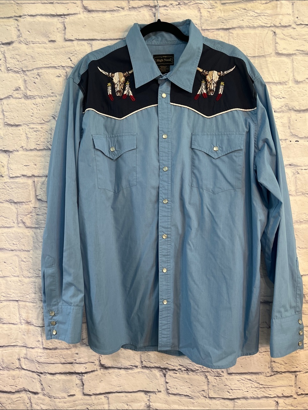 High Noon Western Cowboy Button Down Shirt Pearl Buttons Steer Size 2XL Blue
